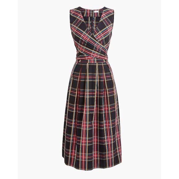 NWT J.Crew Stewart Tartan Plaid V-Neck Wrap Dress Black Sz 4 Fit & Flare Holiday - Picture 2 of 10